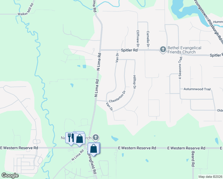 map of restaurants, bars, coffee shops, grocery stores, and more near 8624 Chesterton Drive in Youngstown