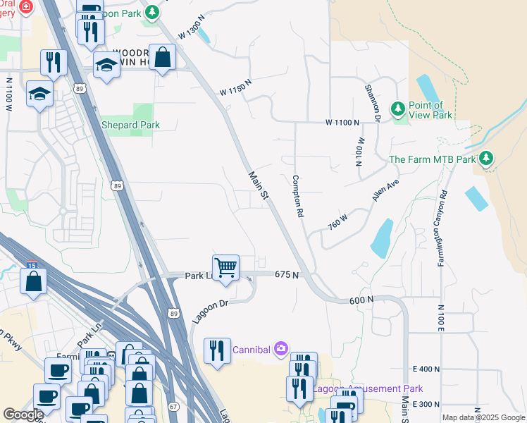 map of restaurants, bars, coffee shops, grocery stores, and more near 397 West 850 North in Farmington