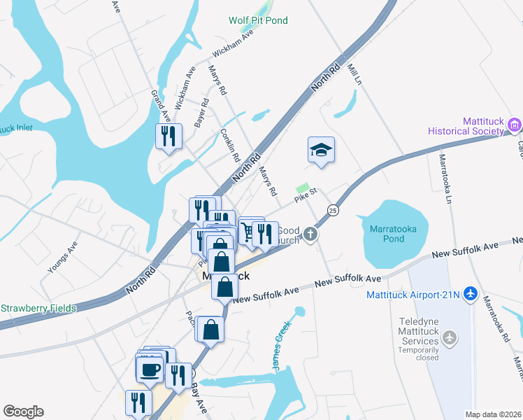 map of restaurants, bars, coffee shops, grocery stores, and more near 280 Wickham Avenue in Mattituck