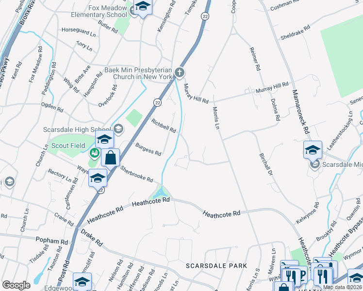 map of restaurants, bars, coffee shops, grocery stores, and more near 6 Richbell Road in Scarsdale