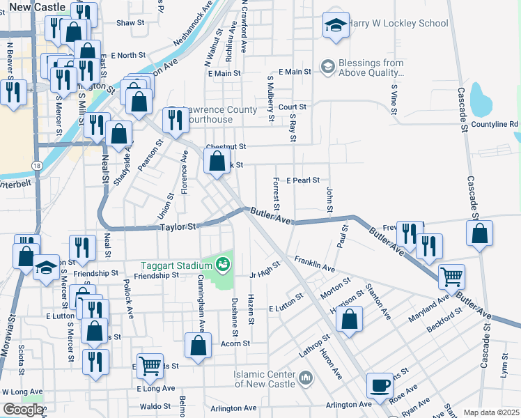 map of restaurants, bars, coffee shops, grocery stores, and more near 713 Butler Avenue in New Castle
