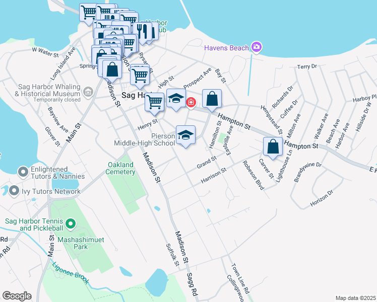 map of restaurants, bars, coffee shops, grocery stores, and more near 200 Jermain Avenue in Sag Harbor