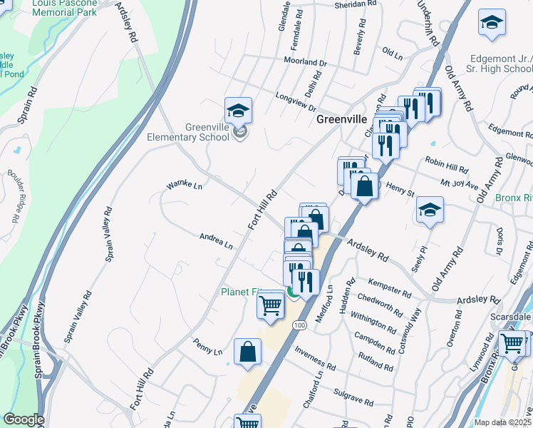 map of restaurants, bars, coffee shops, grocery stores, and more near 401 Ardsley Road in Scarsdale