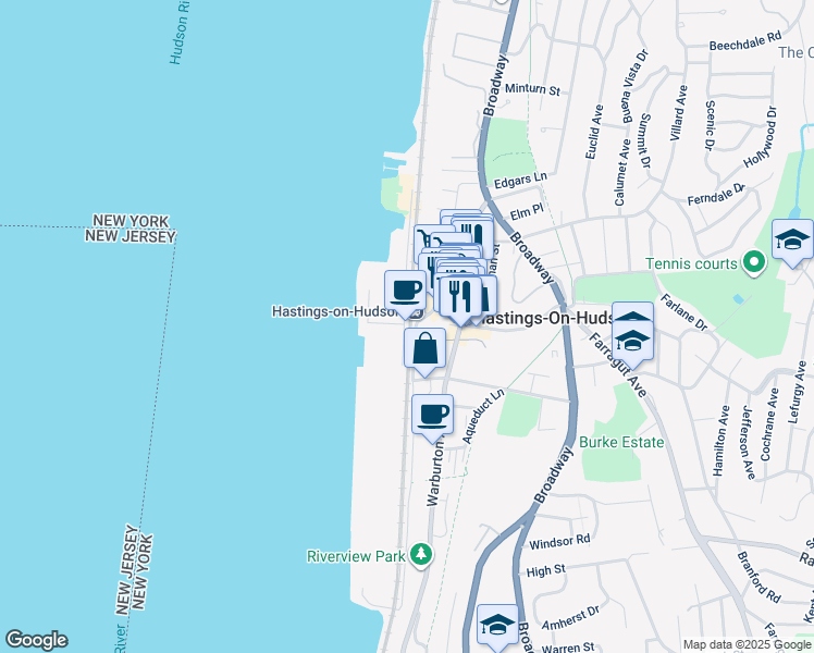 map of restaurants, bars, coffee shops, grocery stores, and more near 134 Southside Avenue in Hastings-on-Hudson