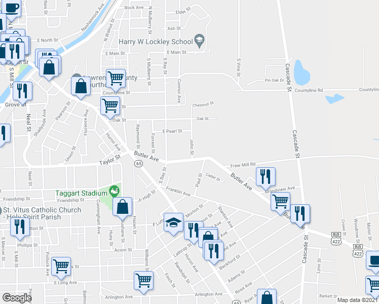 map of restaurants, bars, coffee shops, grocery stores, and more near 640 John Street in New Castle