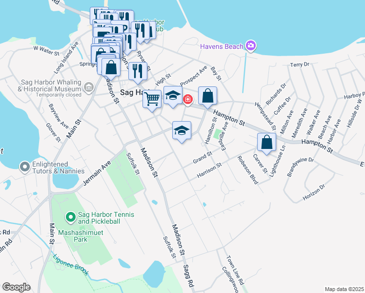 map of restaurants, bars, coffee shops, grocery stores, and more near 200 Jermain Avenue in Sag Harbor