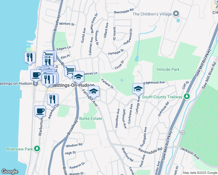 map of restaurants, bars, coffee shops, grocery stores, and more near 81 Hillside Avenue in Hastings-on-Hudson