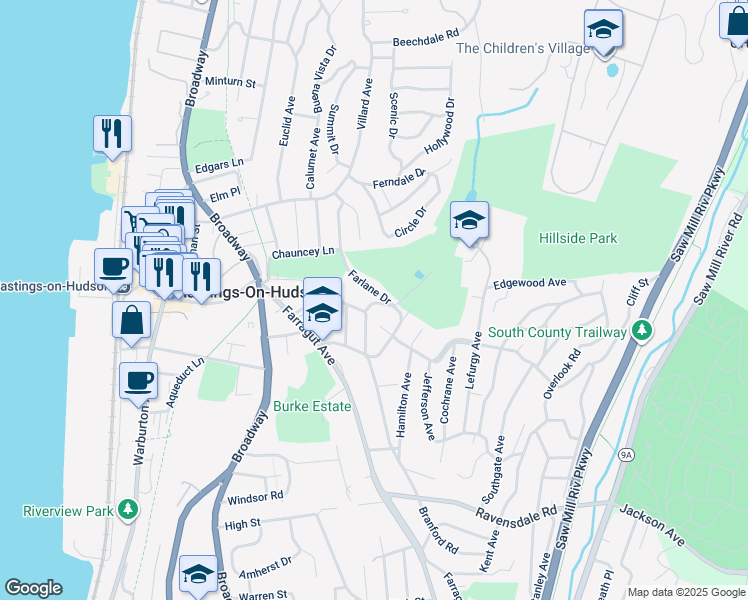 map of restaurants, bars, coffee shops, grocery stores, and more near 81 Hillside Avenue in Hastings-on-Hudson