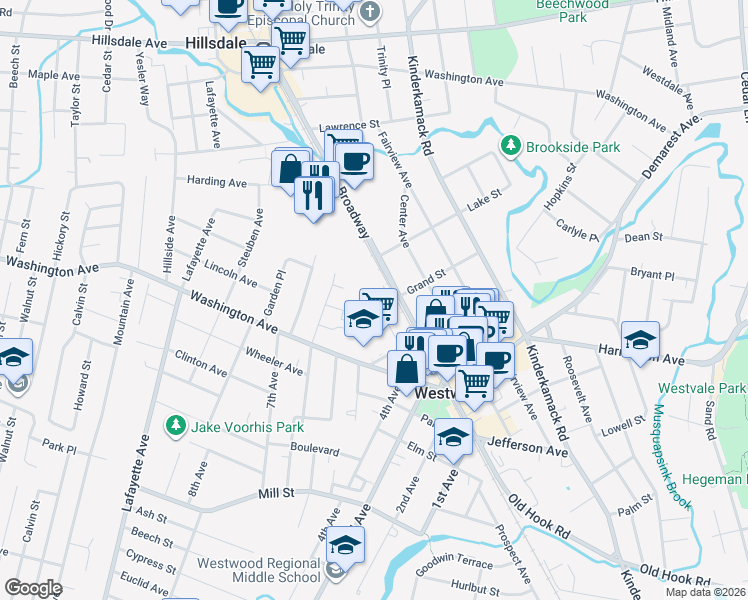 map of restaurants, bars, coffee shops, grocery stores, and more near 621 Broadway in Westwood