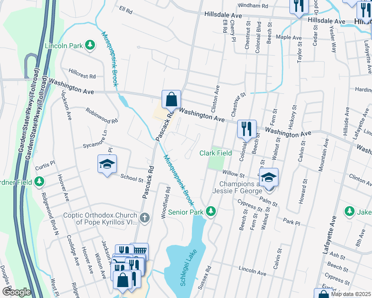 map of restaurants, bars, coffee shops, grocery stores, and more near 62 Woodbury Court in Township of Washington