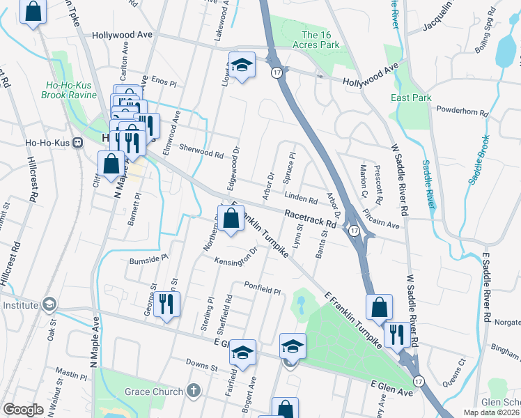 map of restaurants, bars, coffee shops, grocery stores, and more near 4 Linden Road in Ho-Ho-Kus