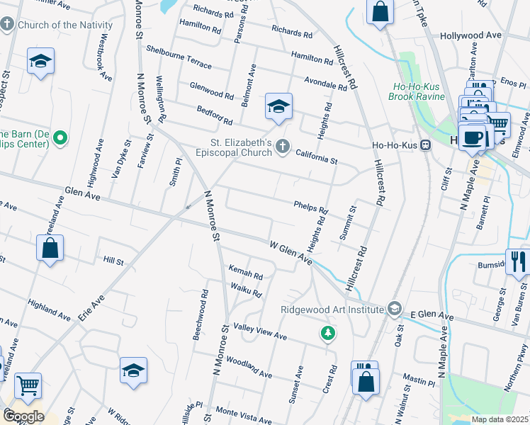 map of restaurants, bars, coffee shops, grocery stores, and more near 163 Phelps Road in Ridgewood
