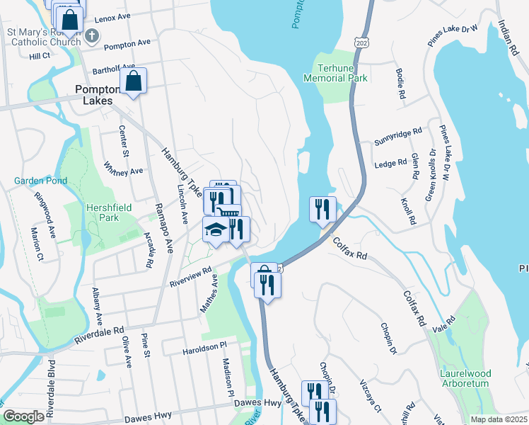 map of restaurants, bars, coffee shops, grocery stores, and more near 62 Lakeview Court in Pompton Lakes