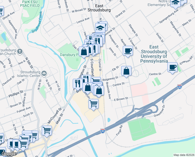 map of restaurants, bars, coffee shops, grocery stores, and more near 250 South Courtland Street in East Stroudsburg