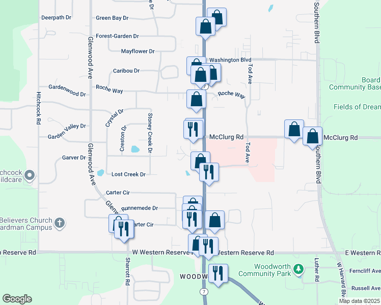 map of restaurants, bars, coffee shops, grocery stores, and more near 8400 Market Street in Youngstown