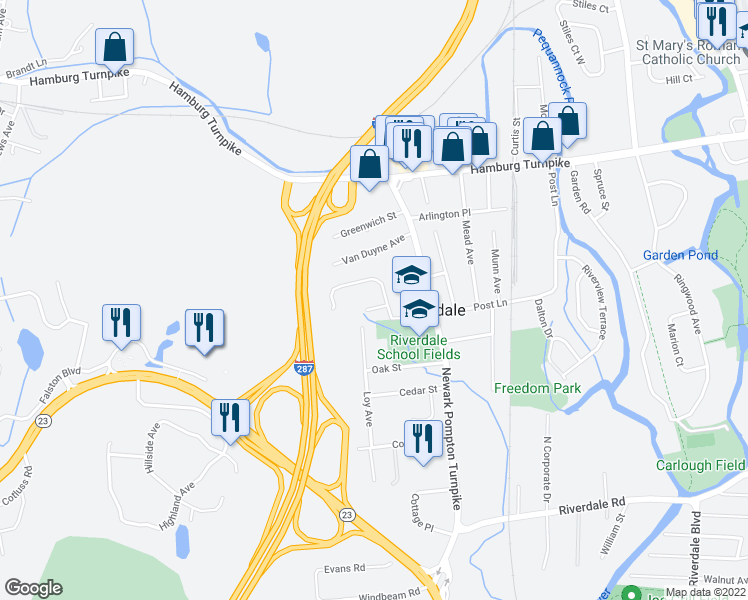map of restaurants, bars, coffee shops, grocery stores, and more near 12 Brown Court in Riverdale