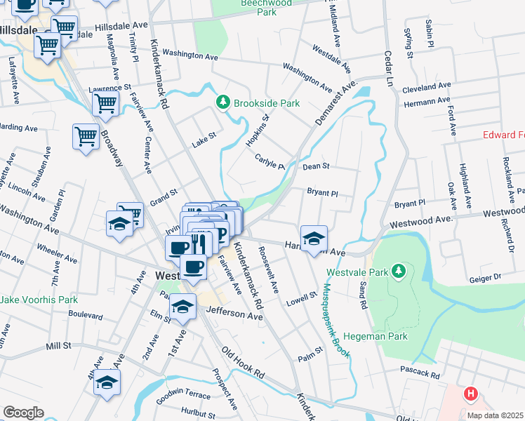 map of restaurants, bars, coffee shops, grocery stores, and more near 400 Westwood Avenue in Westwood