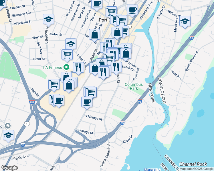 map of restaurants, bars, coffee shops, grocery stores, and more near 41 Midland Avenue in Port Chester