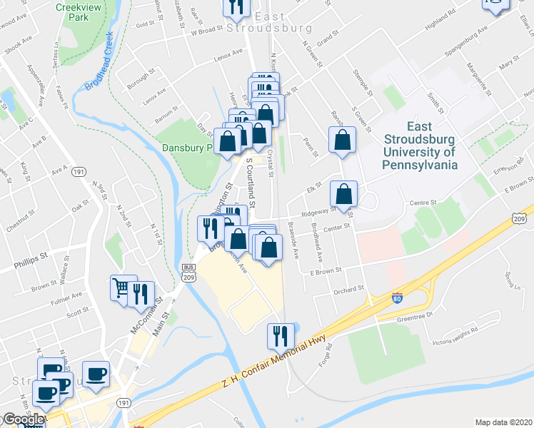 map of restaurants, bars, coffee shops, grocery stores, and more near 343 Crystal Street in East Stroudsburg