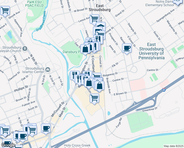 map of restaurants, bars, coffee shops, grocery stores, and more near 319 South Courtland Street in East Stroudsburg