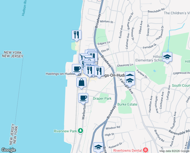 map of restaurants, bars, coffee shops, grocery stores, and more near 17 Main Street in Hastings-on-Hudson