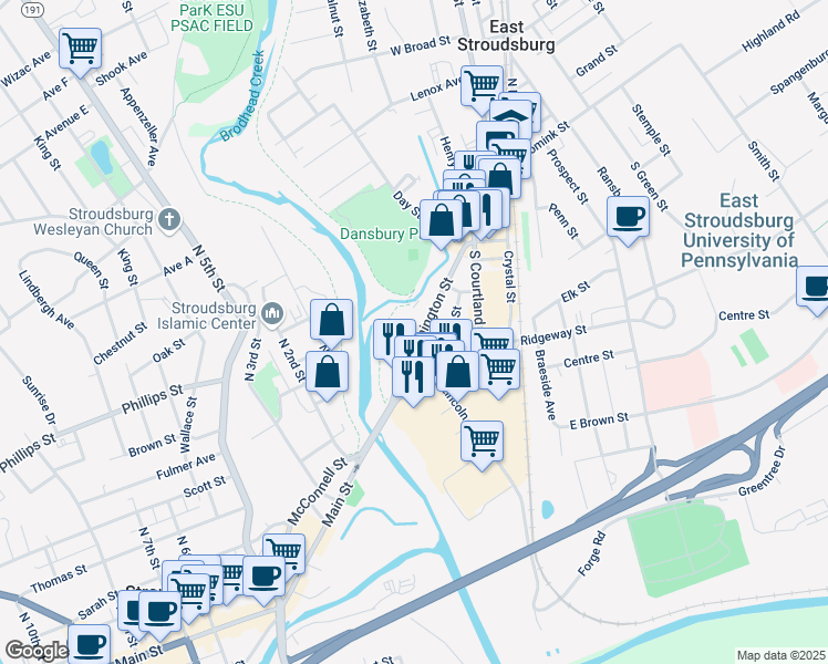 map of restaurants, bars, coffee shops, grocery stores, and more near 246 Washington Street in East Stroudsburg