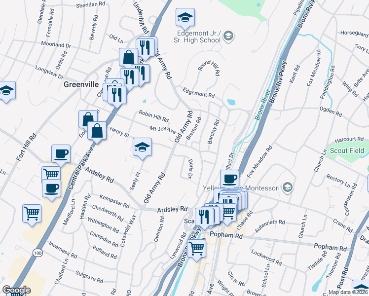 map of restaurants, bars, coffee shops, grocery stores, and more near 208 Old Army Road in Scarsdale