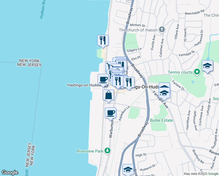 map of restaurants, bars, coffee shops, grocery stores, and more near 134 Southside Avenue in Hastings-on-Hudson