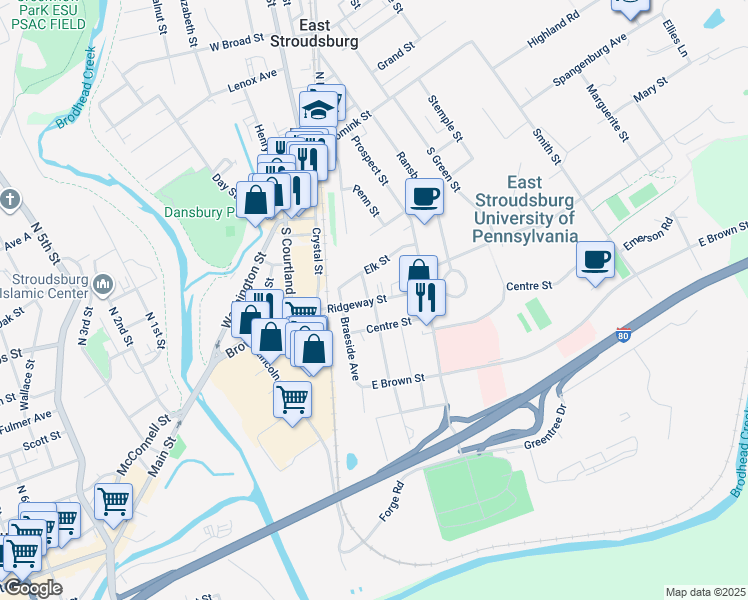 map of restaurants, bars, coffee shops, grocery stores, and more near 100 Ridgeway Street in East Stroudsburg