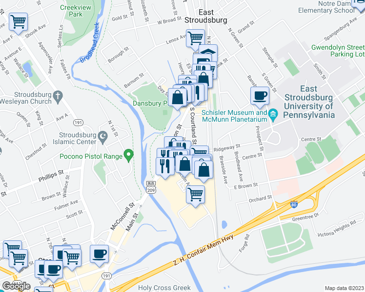 map of restaurants, bars, coffee shops, grocery stores, and more near 66 Hallet Street in East Stroudsburg