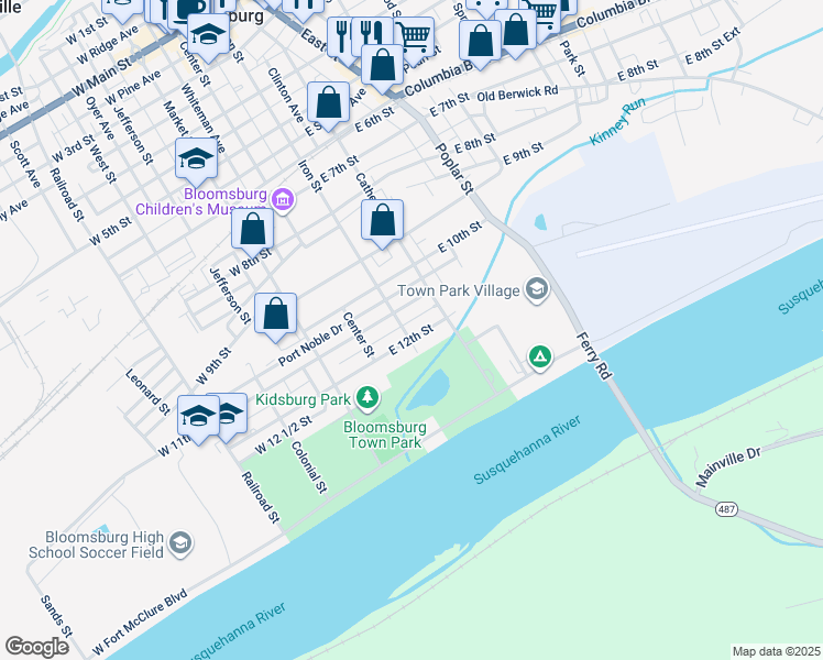 map of restaurants, bars, coffee shops, grocery stores, and more near 125 East 12th Street in Bloomsburg