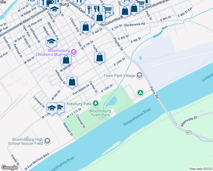 map of restaurants, bars, coffee shops, grocery stores, and more near 125 East 12th Street in Bloomsburg