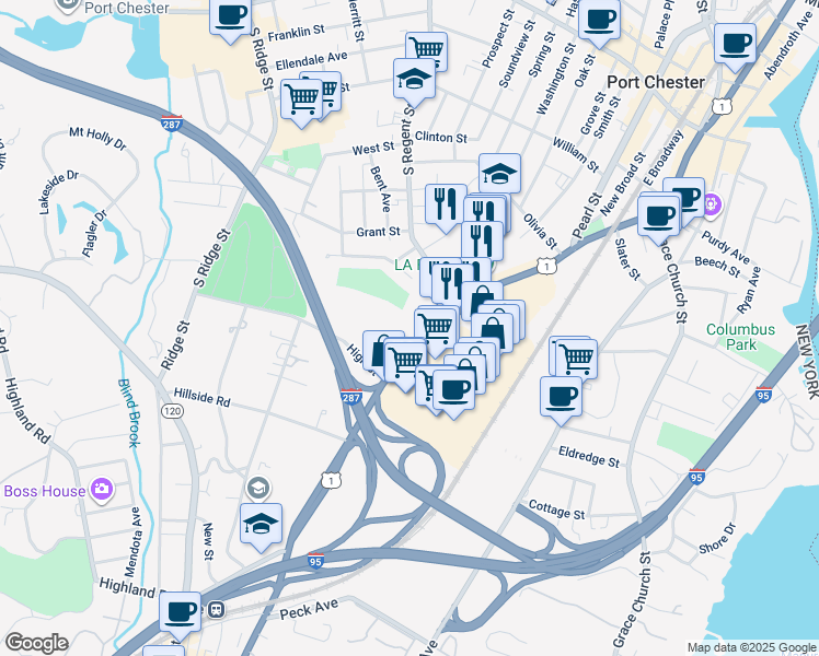 map of restaurants, bars, coffee shops, grocery stores, and more near 999 High Street in Port Chester