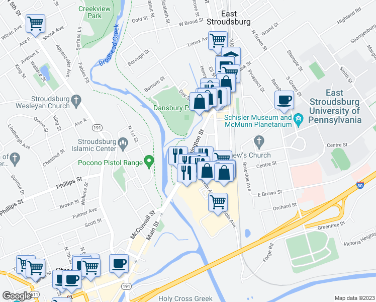 map of restaurants, bars, coffee shops, grocery stores, and more near 240 Washington Street in East Stroudsburg