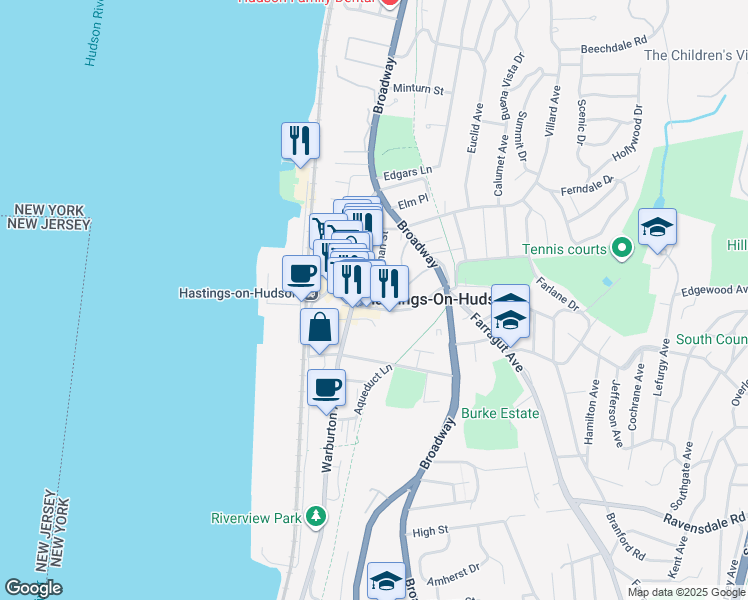 map of restaurants, bars, coffee shops, grocery stores, and more near 50 Whitman Street in Hastings-on-Hudson