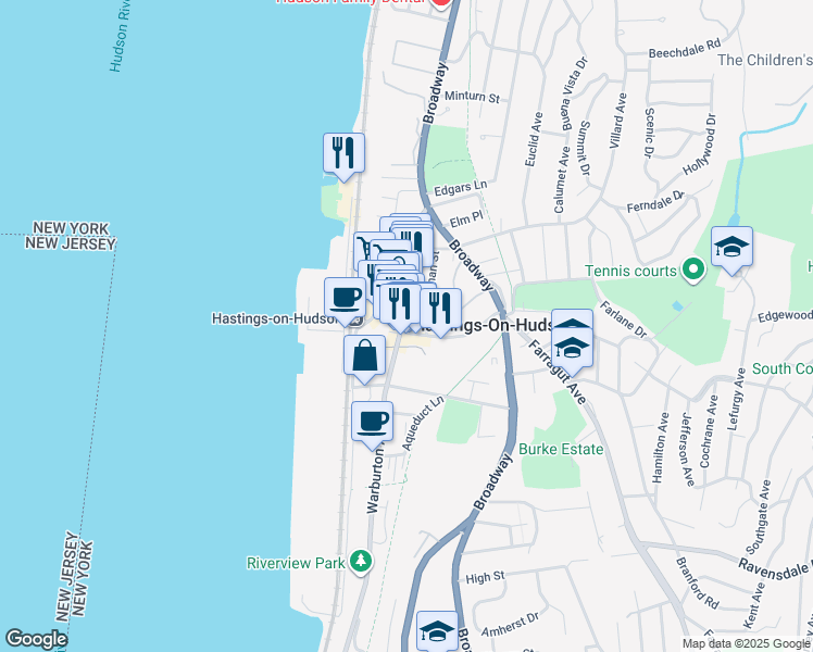 map of restaurants, bars, coffee shops, grocery stores, and more near in Hastings-on-Hudson