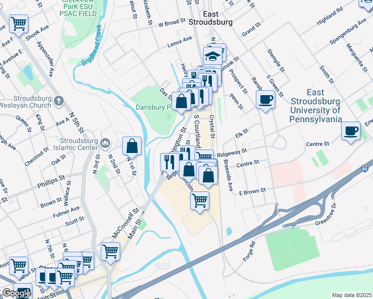 map of restaurants, bars, coffee shops, grocery stores, and more near Hallet Street in East Stroudsburg