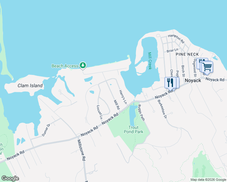 map of restaurants, bars, coffee shops, grocery stores, and more near 42 Mill Road in Sag Harbor