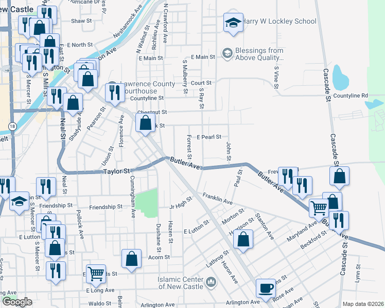 map of restaurants, bars, coffee shops, grocery stores, and more near 624 Forrest Street in New Castle