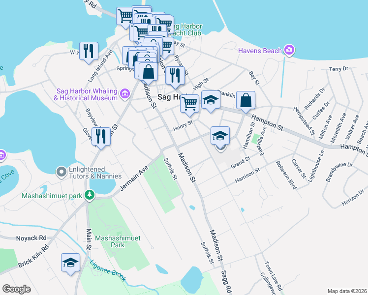 map of restaurants, bars, coffee shops, grocery stores, and more near 181 Madison Street in Sag Harbor