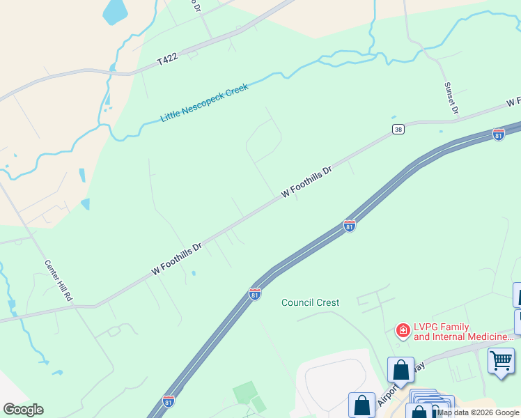 map of restaurants, bars, coffee shops, grocery stores, and more near W Foot Hills Rd in Luzerne