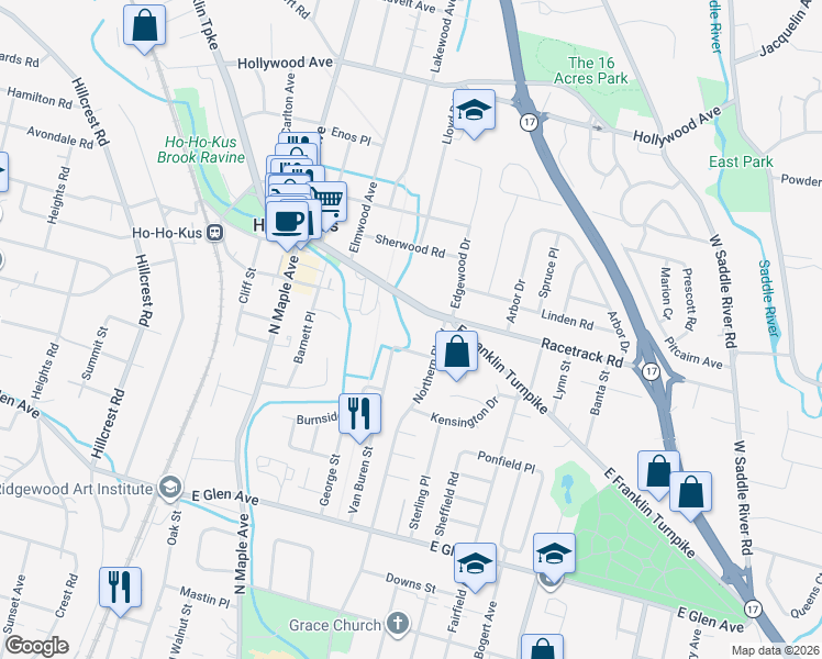 map of restaurants, bars, coffee shops, grocery stores, and more near 274 Franklin Turnpike in Ridgewood