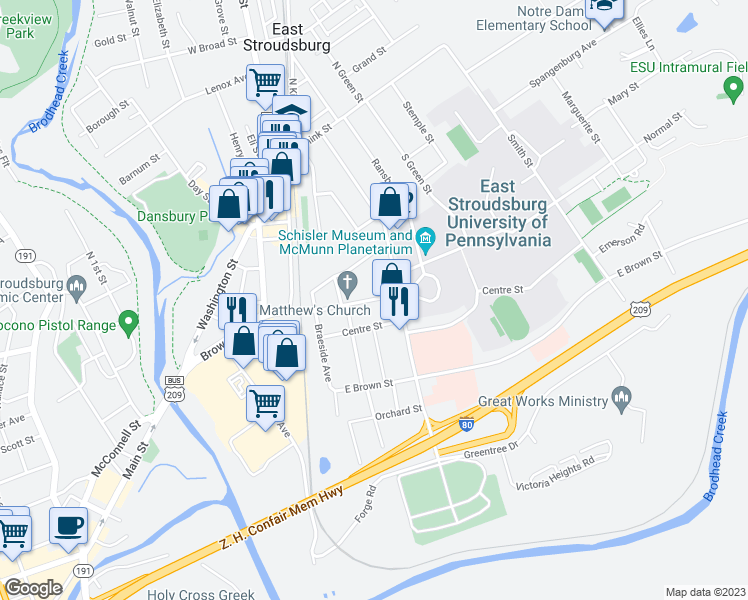 map of restaurants, bars, coffee shops, grocery stores, and more near 123 Ridgeway Street in East Stroudsburg