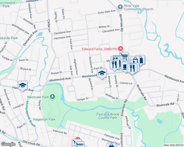 map of restaurants, bars, coffee shops, grocery stores, and more near 209 Rockland Avenue in River Vale