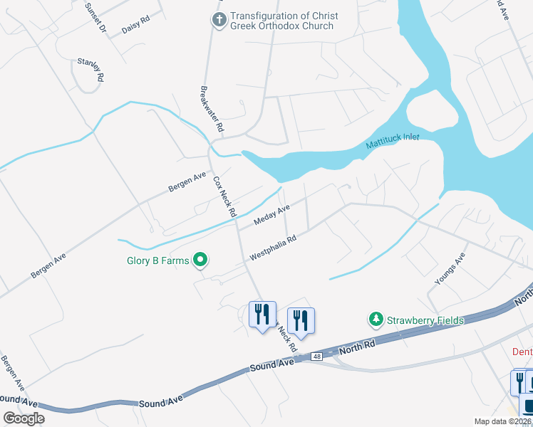 map of restaurants, bars, coffee shops, grocery stores, and more near 545 Meday Avenue in Mattituck