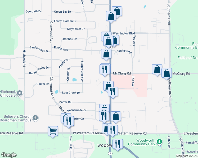 map of restaurants, bars, coffee shops, grocery stores, and more near 8400 Market Street in Youngstown