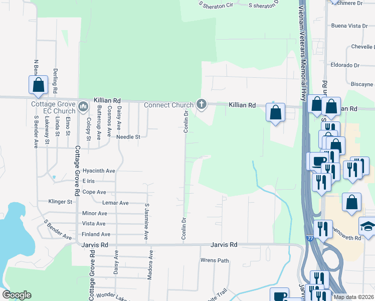 map of restaurants, bars, coffee shops, grocery stores, and more near 3067 Conlin Drive in Akron