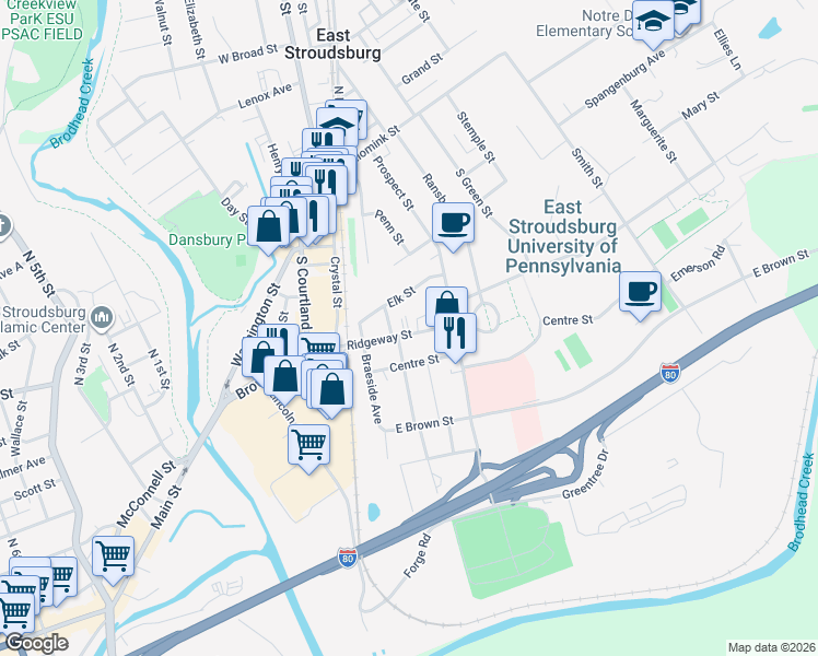 map of restaurants, bars, coffee shops, grocery stores, and more near 120 Ridgeway Street in East Stroudsburg