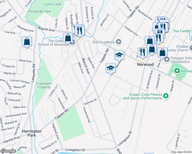 map of restaurants, bars, coffee shops, grocery stores, and more near 137 Tappan Road in Norwood