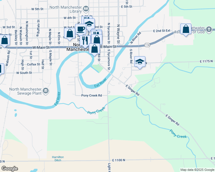 map of restaurants, bars, coffee shops, grocery stores, and more near River Road Exd in North Manchester